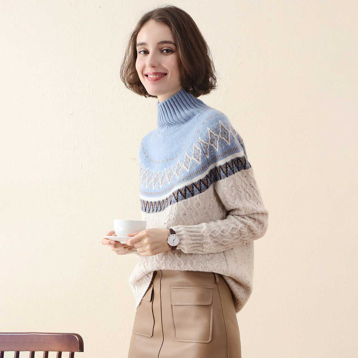 100% Cashmere Mock Neck Nordic Cable Knit Sweater