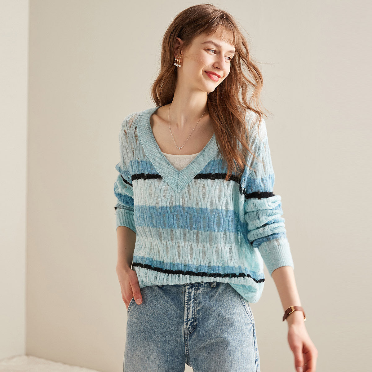 100% Cashmere Vibrant Striped V-Neck Knit Sweater