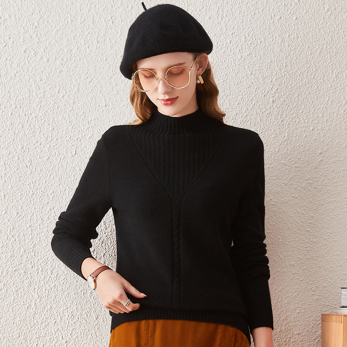 100% Cashmere Mock Neck Cable Knit Sweater