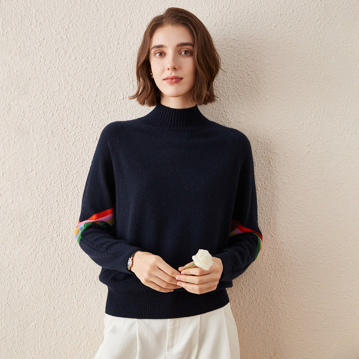 100% Cashmere Sweater with Multicolored Striped Sleeves