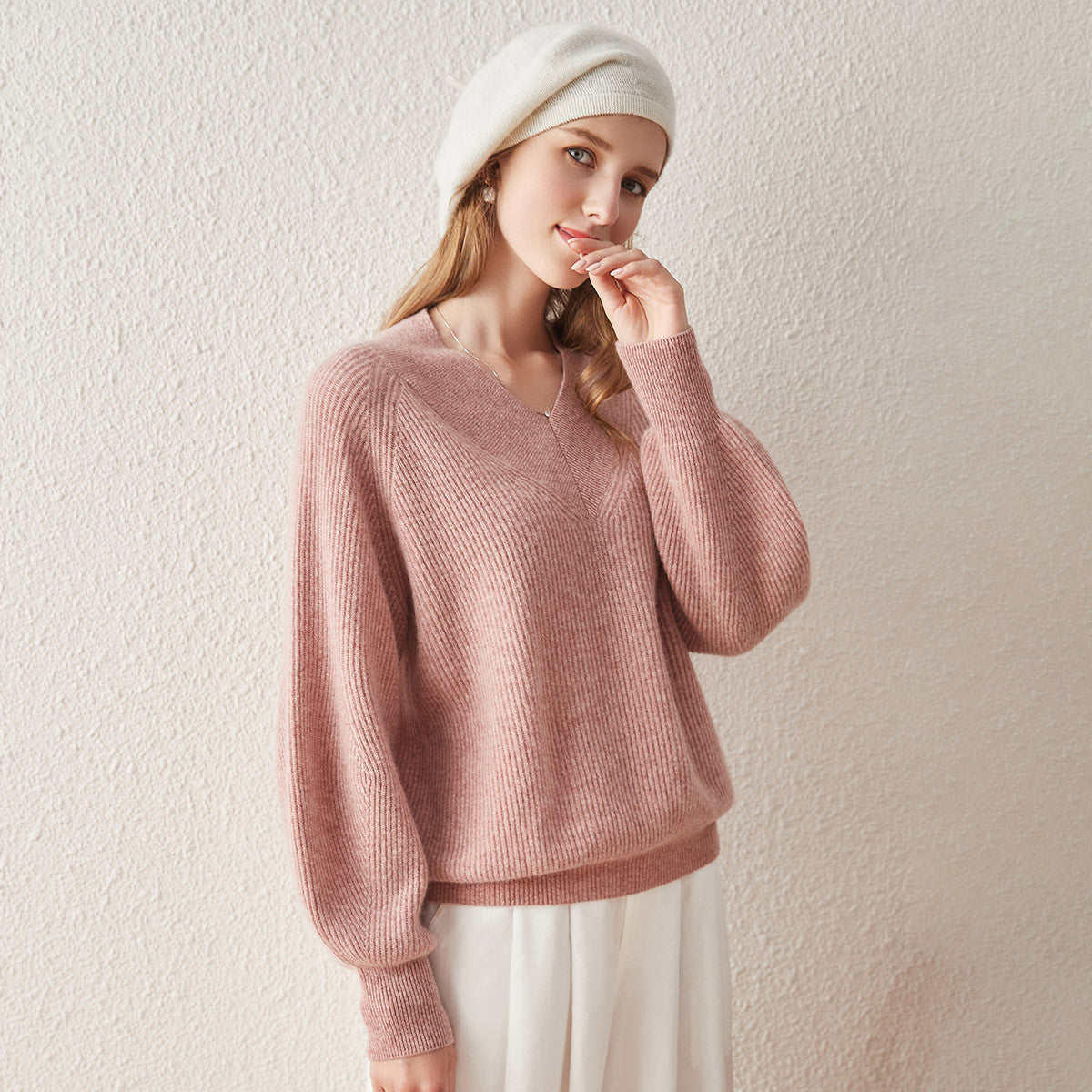 100% Cashmere Lantern Sleeve V Neck Knit Sweater