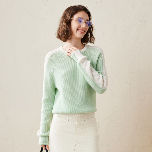 100% Cashmere Color Block Raglan Sleeve Knit Sweater