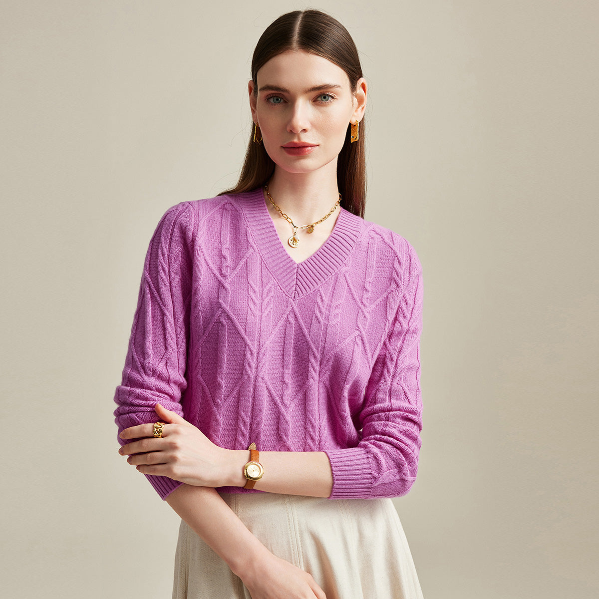 100% Cashmere Cable Knit V-Neck Sweater