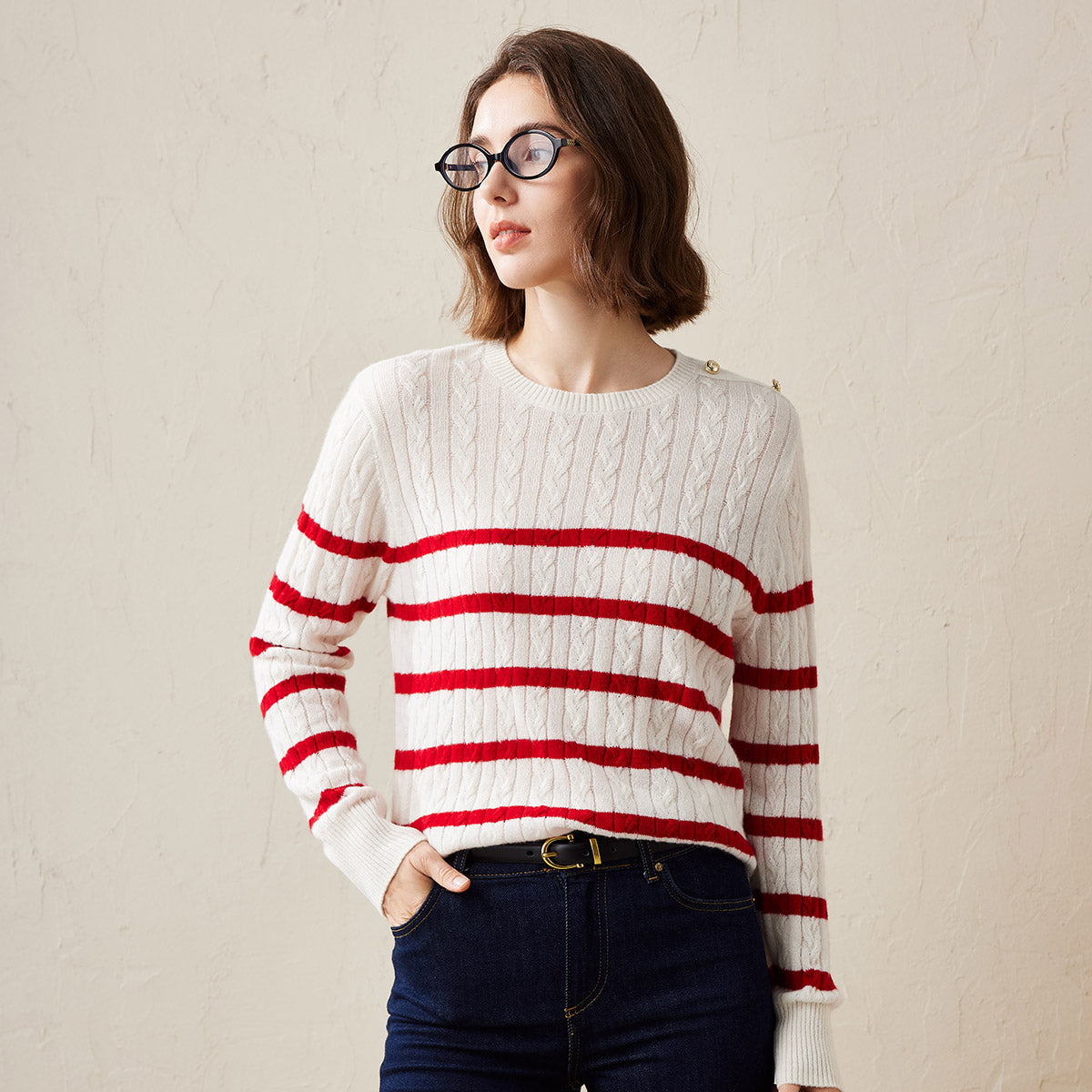 100% Cashmere Cable Knit Striped Sweater with Button Details