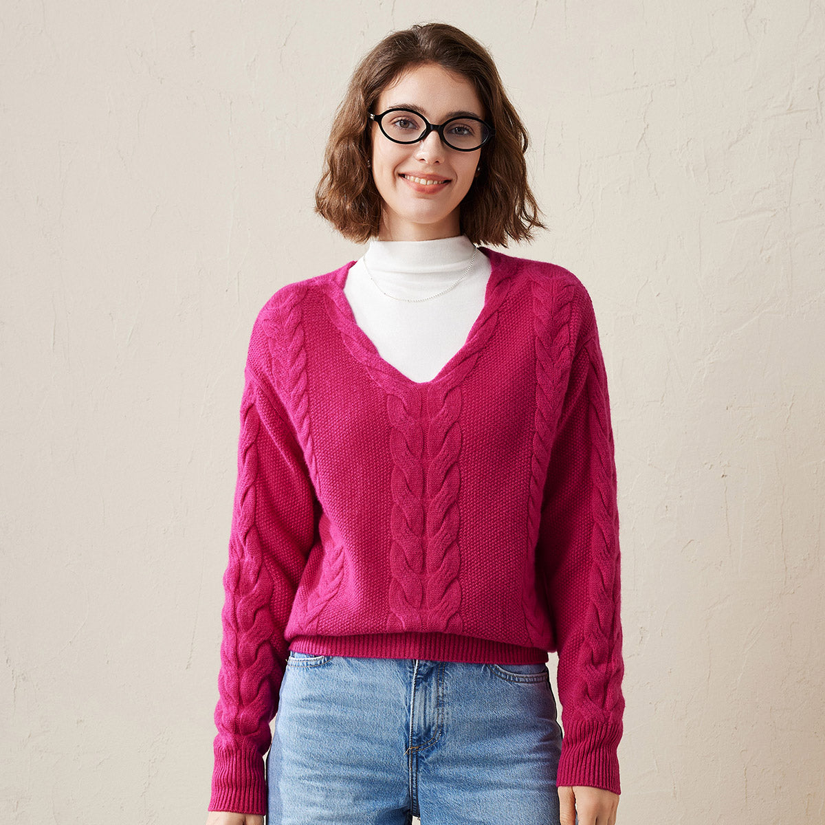 100% Cashmere Cable Knit V-Neck Sweater