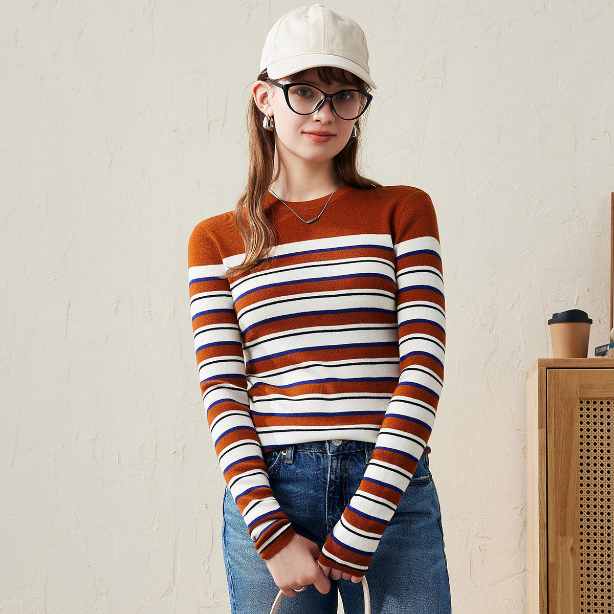 100% Wool Striped Crew Neck Sweater