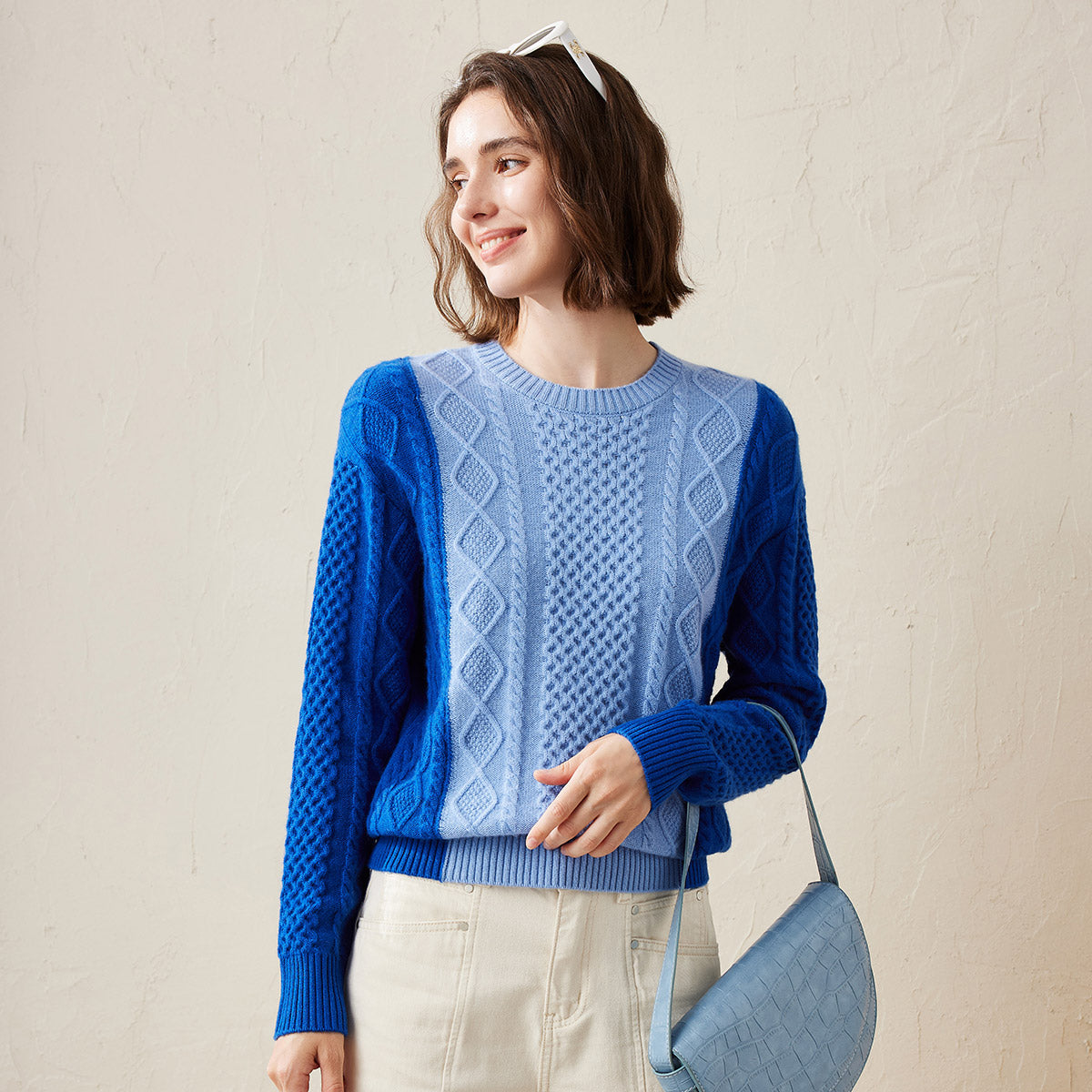 100% Cashmere Colorblock Cable Knit Sweater