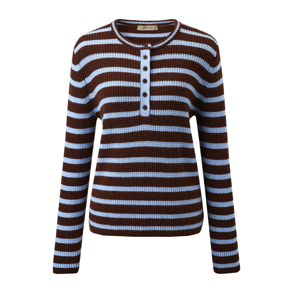 100% Cashmere Striped Knit Henley Sweater