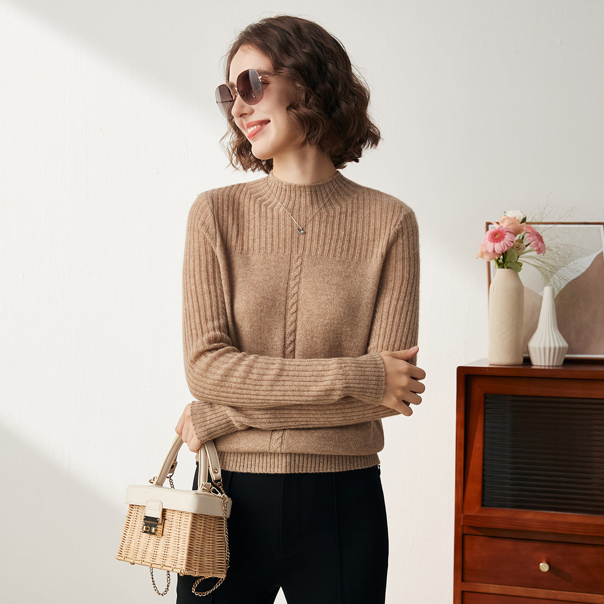 100% Cashmere Mock Neck Cable Knitted Sweater