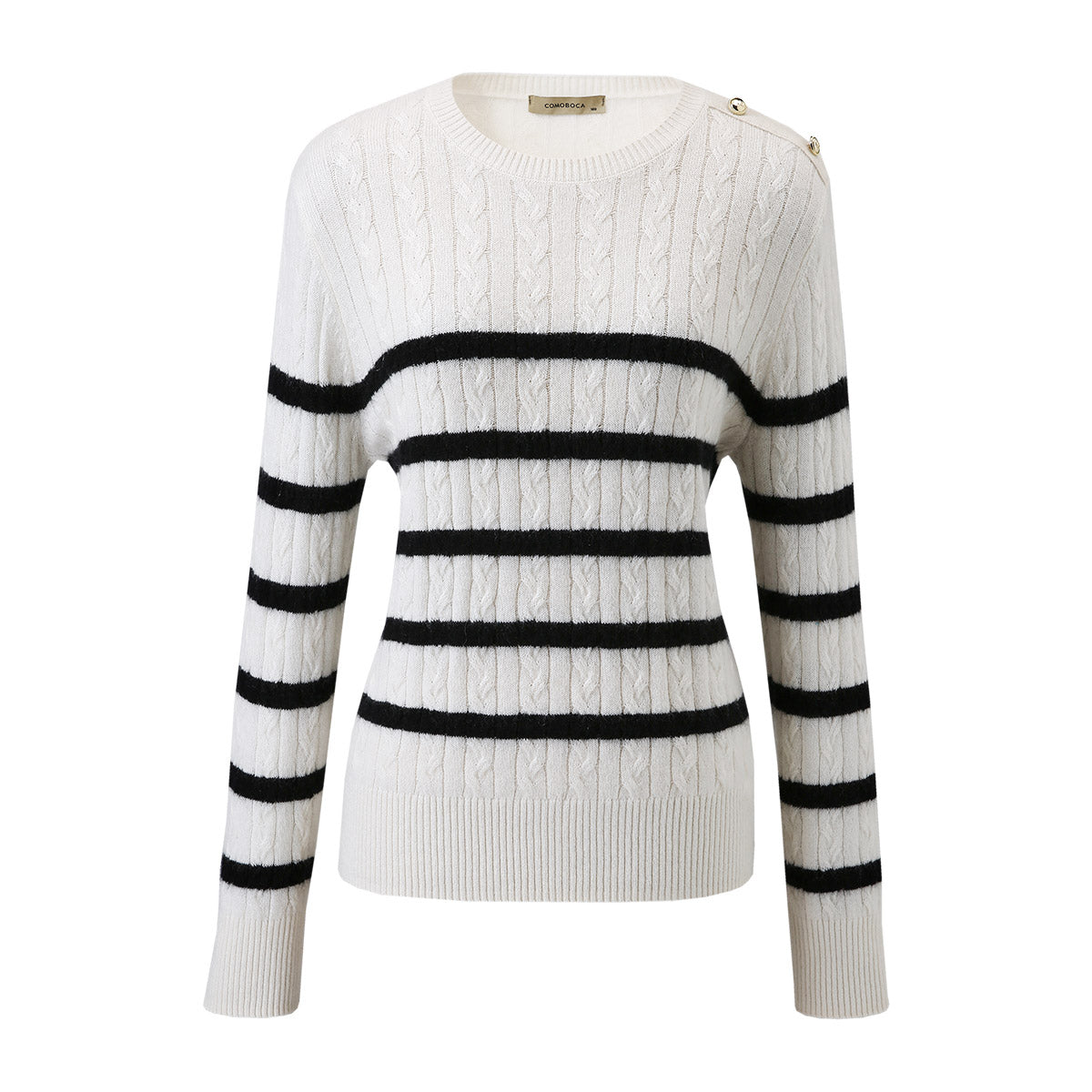 100% Cashmere Cable Knit Striped Sweater with Button Details