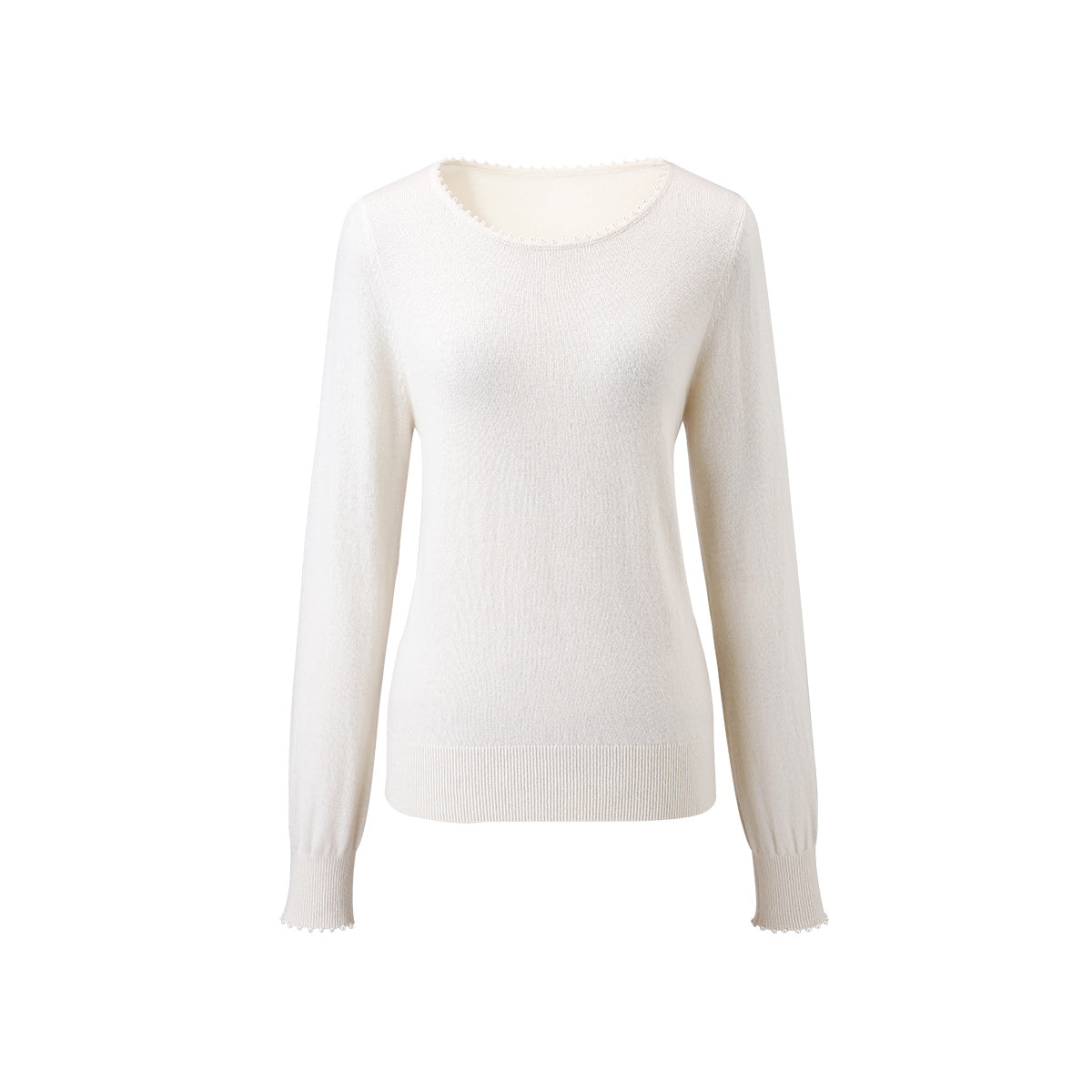 100% Cashmere Elegant Pearl-Trimmed Knit Sweater