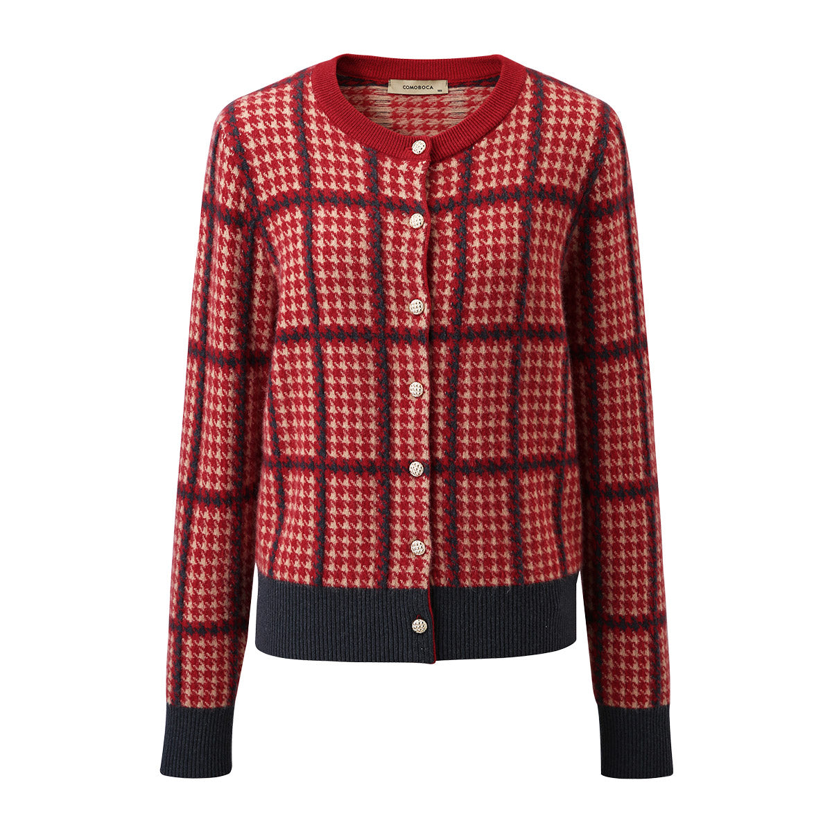 100% Cashmere Houndstooth Plaid Knit Cardigan