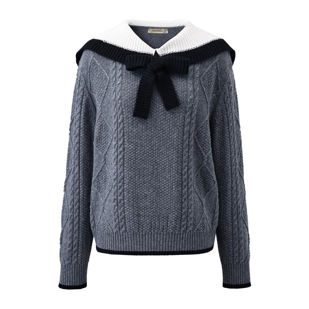 100% Wool Elegant Cable Knit Sweater with Bow Collar