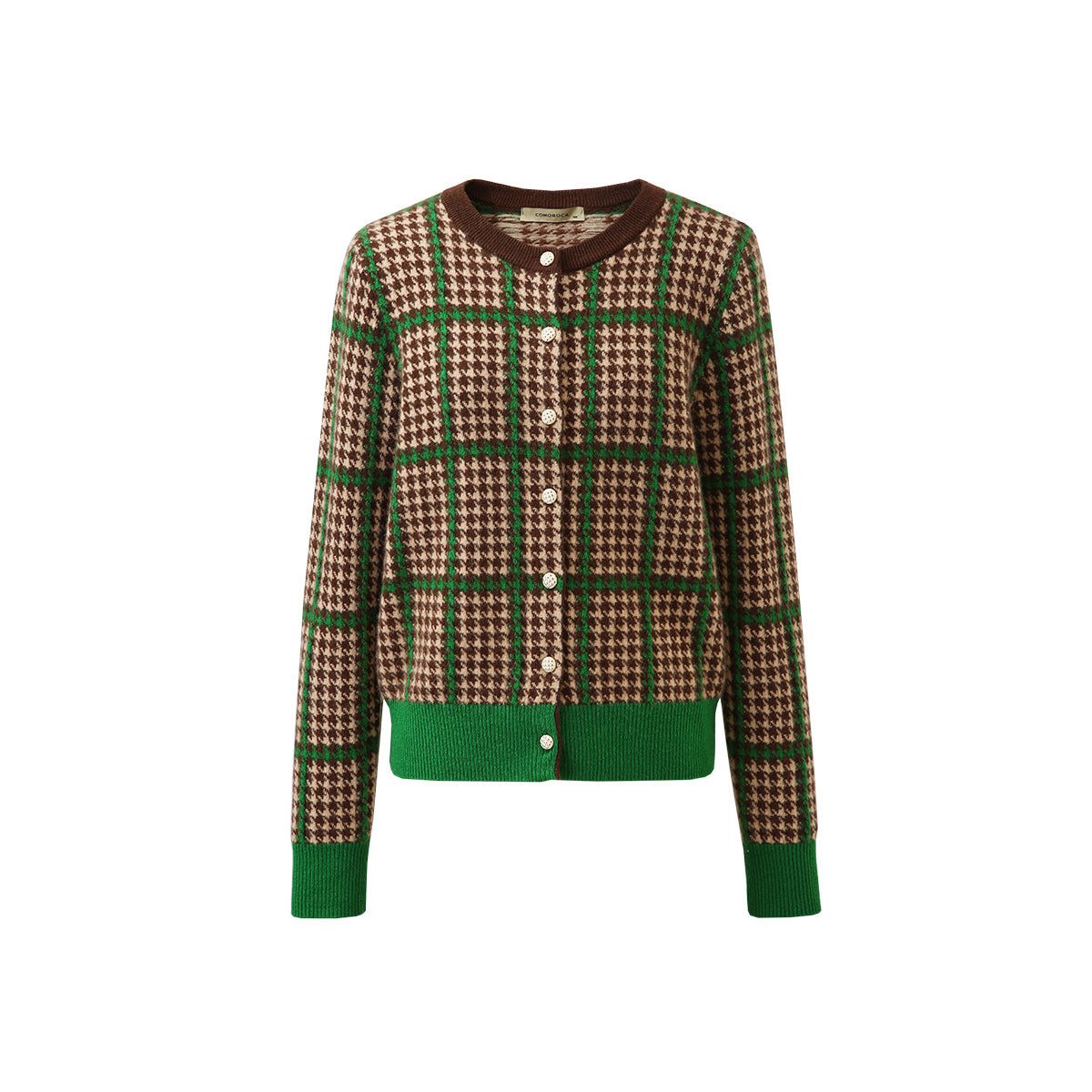 100% Cashmere Houndstooth Plaid Knit Cardigan