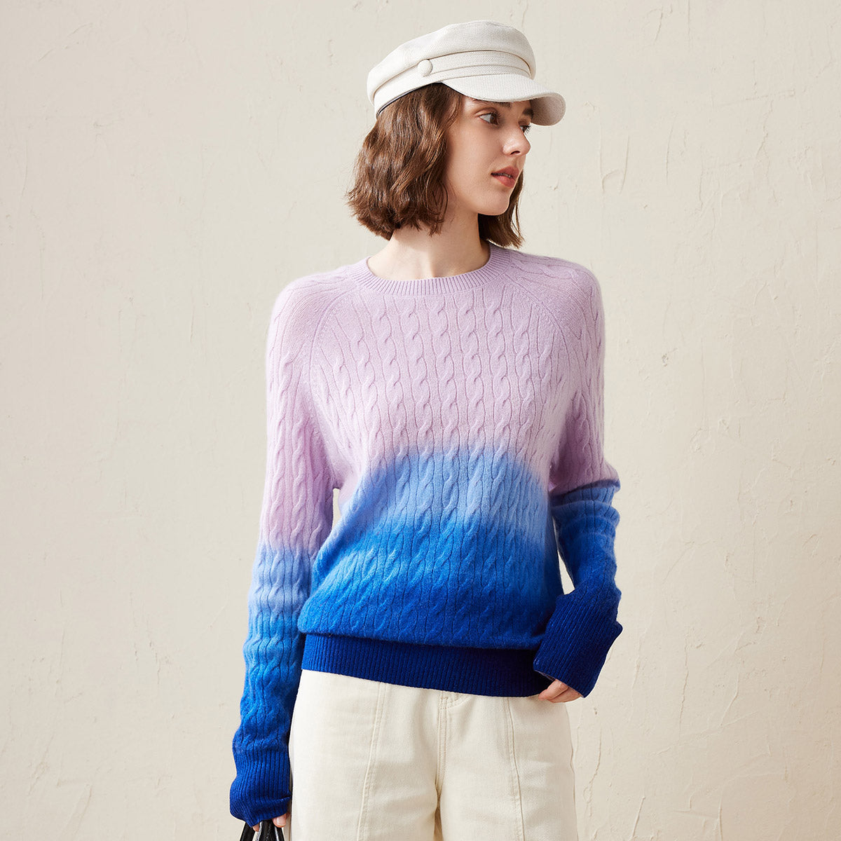 100% Cashmere Gradient Color Cable Knit Sweater