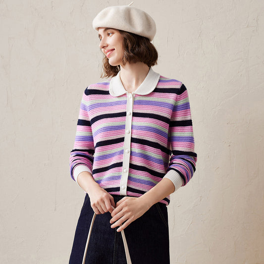 100% Cashmere Striped Knit Cardigan with Contrast Collar