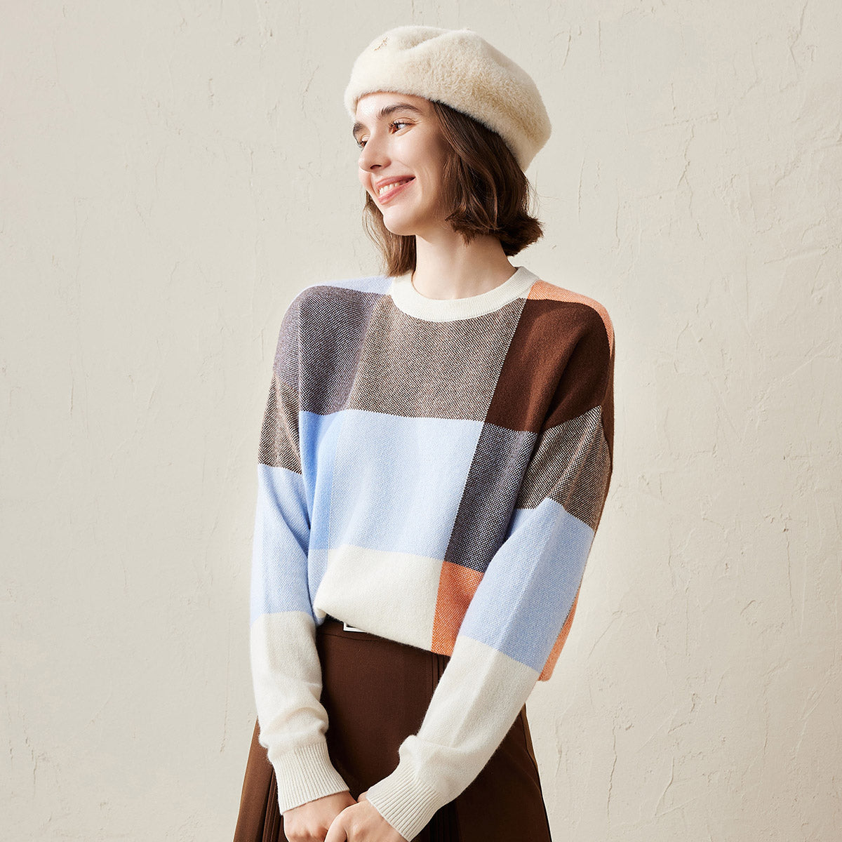 100% Cashmere Color Block Plaid Sweater