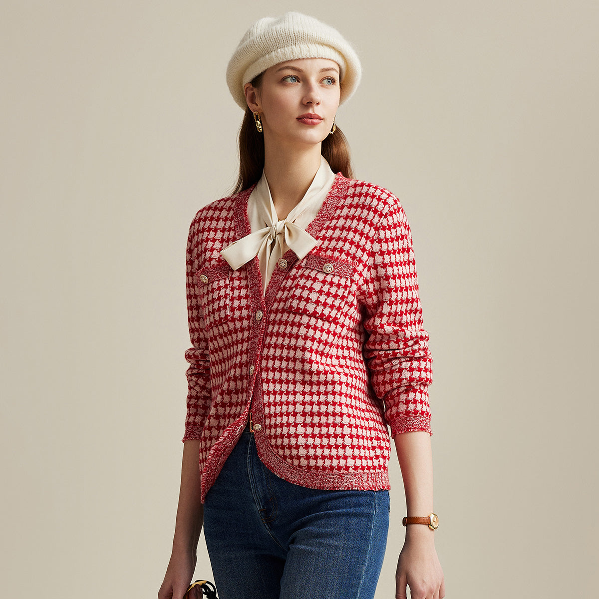 100% Wool Elegant Houndstooth Cardigan