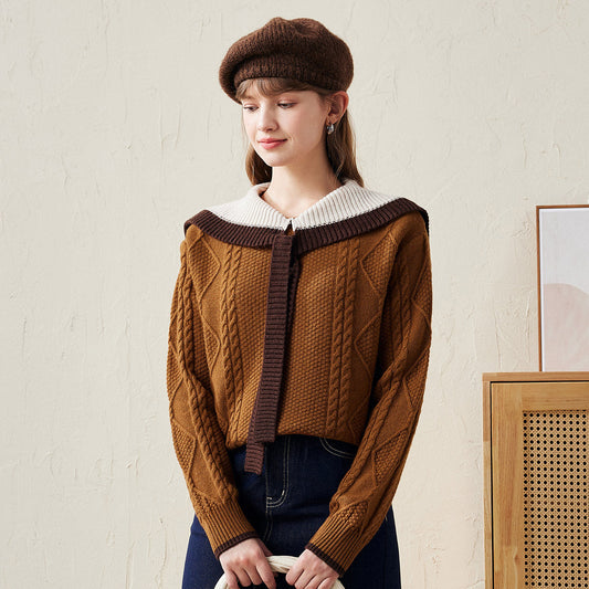 100% Wool Elegant Cable Knit Sweater with Bow Collar