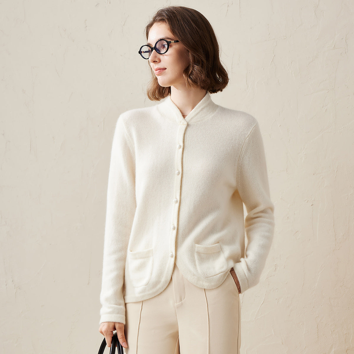 100% Cashmere Cardigan with Mandarin Collar