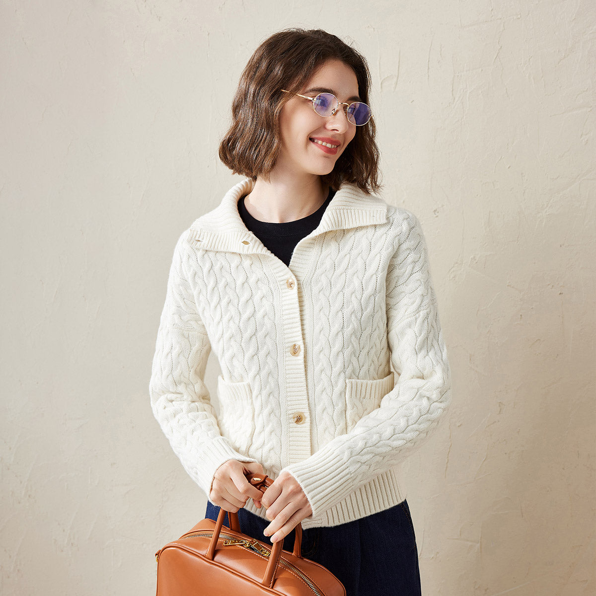 100% Cashmere Cable Knit Cardigan with Pockets