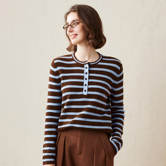 100% Cashmere Striped Knit Henley Sweater