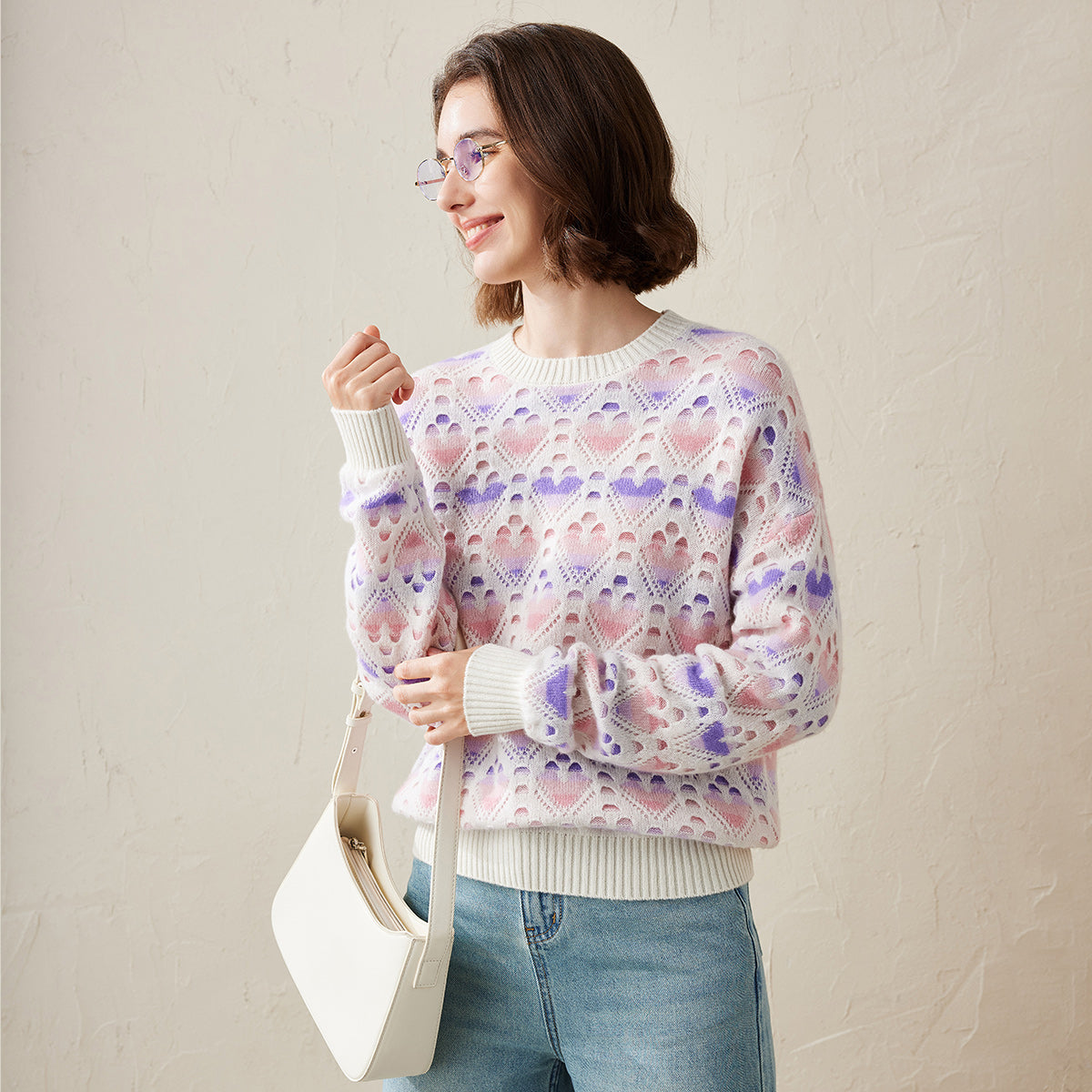 100% Cashmere Pastel Heart Knit Sweater