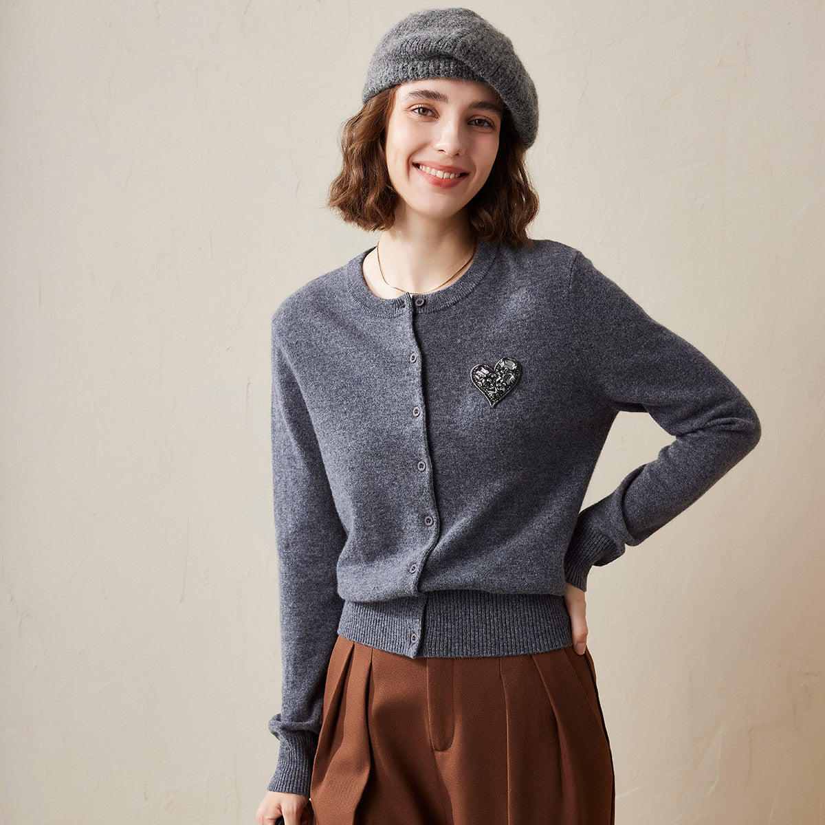 100% Cashmere Cardigan with Heart Patch