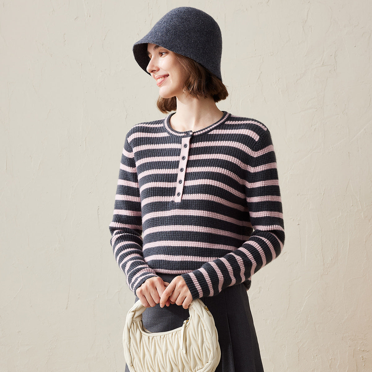 100% Cashmere Striped Knit Henley Sweater