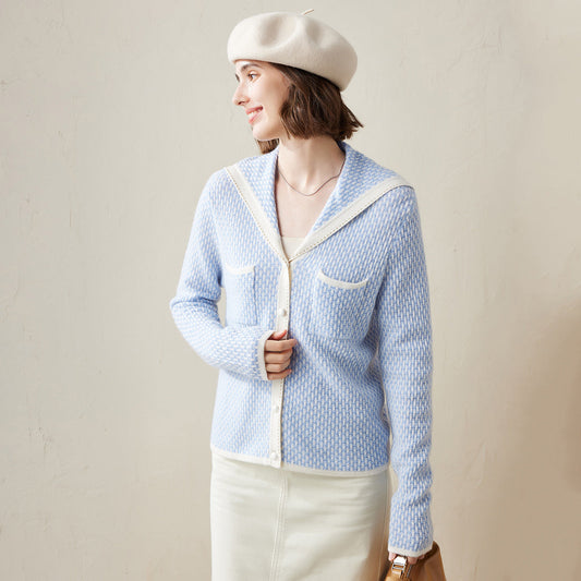 100% Cashmere Sailor Collar Knitted Cardigan