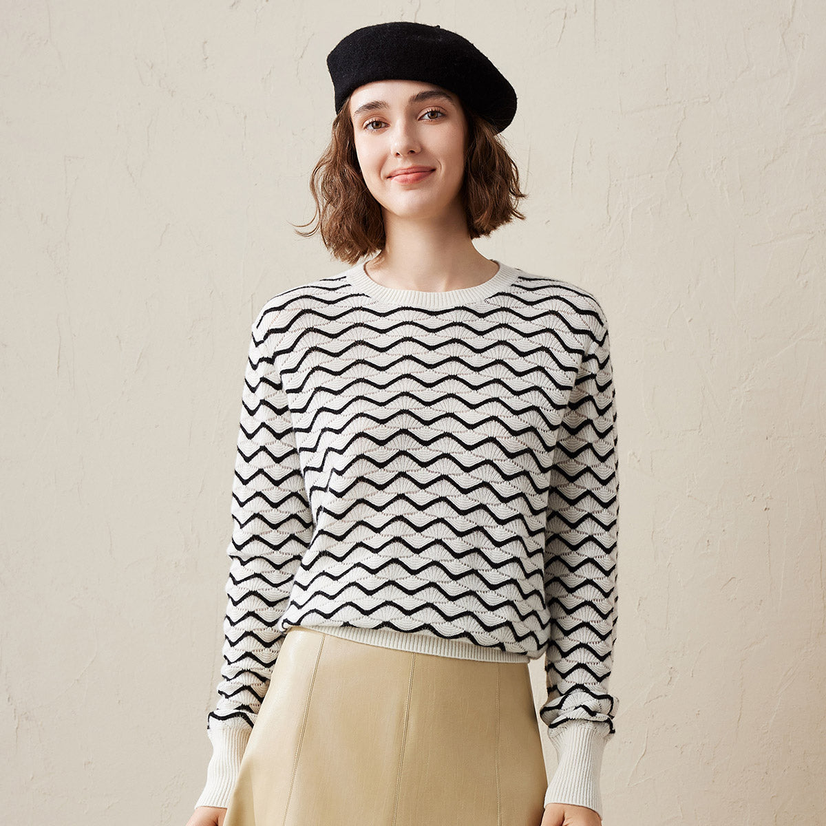 100% Cashmere Wave Pattern Knit Sweater