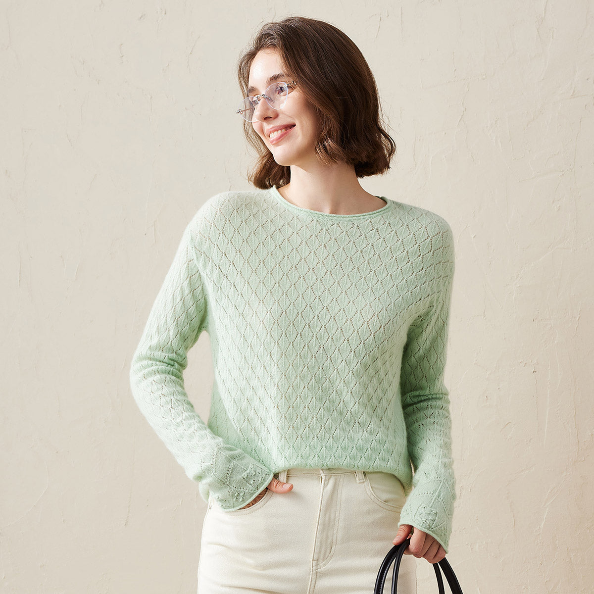 100% Cashmere Diamond Pattern Pullover Sweater