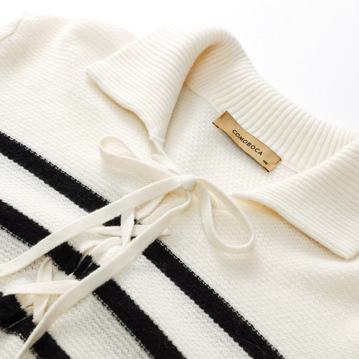 100% Cashmere Striped Lace-up Collar Sweater