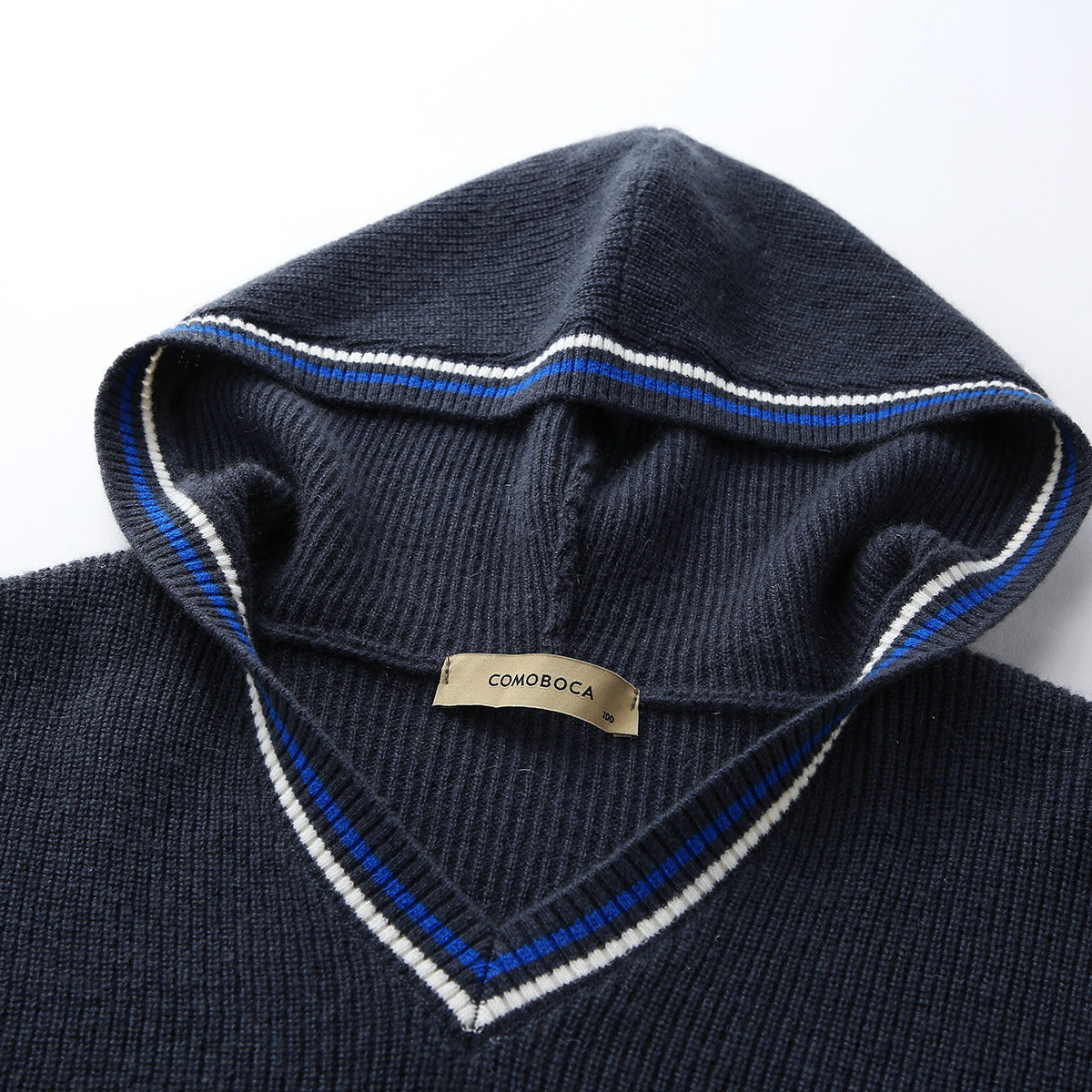 100% Cashmere Hooded Pullover Sweater with Striped Detail