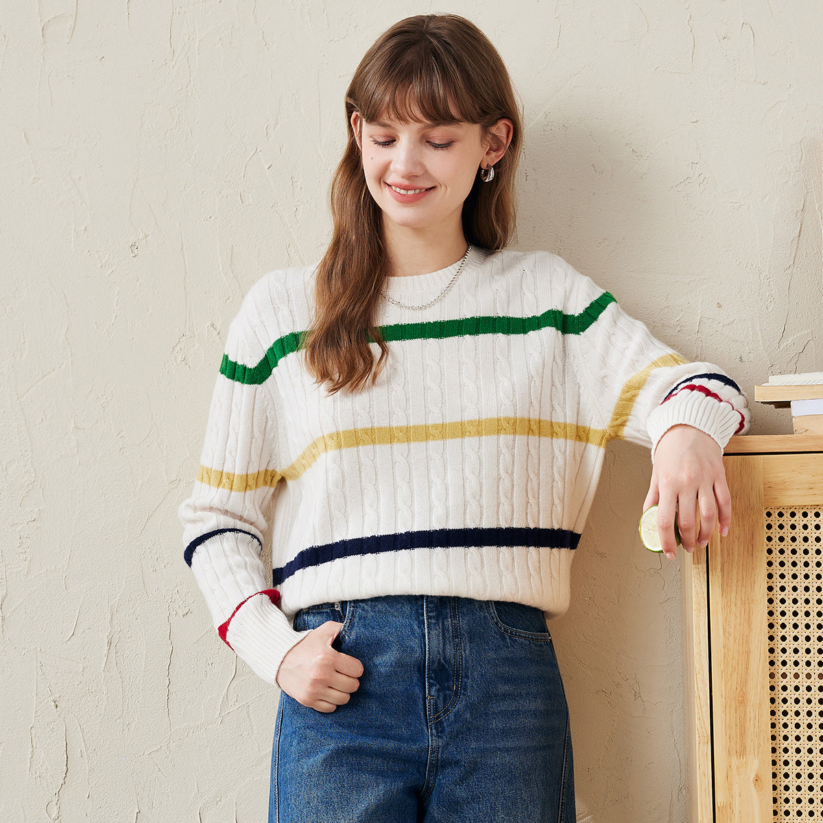 100% Wool Colorful Striped Cable Knit Sweater