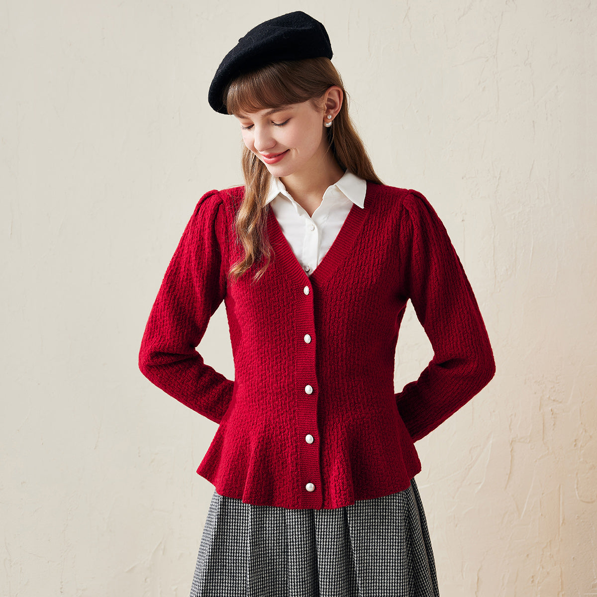 100% Wool Elegant Peplum Button Cardigan