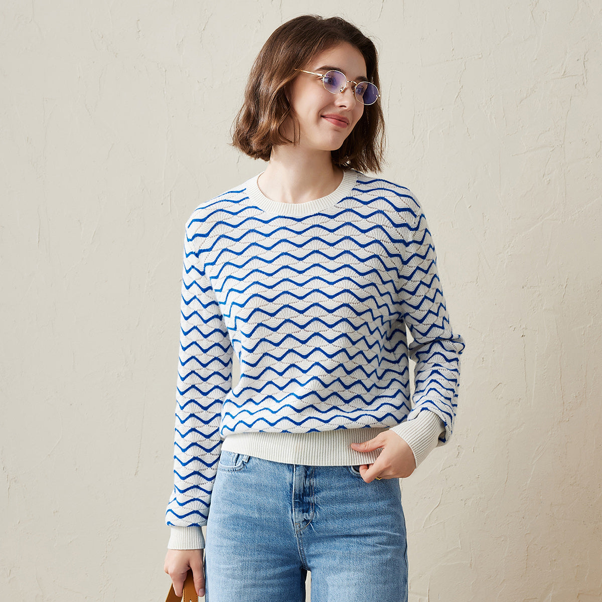 100% Cashmere Wave Pattern Knit Sweater