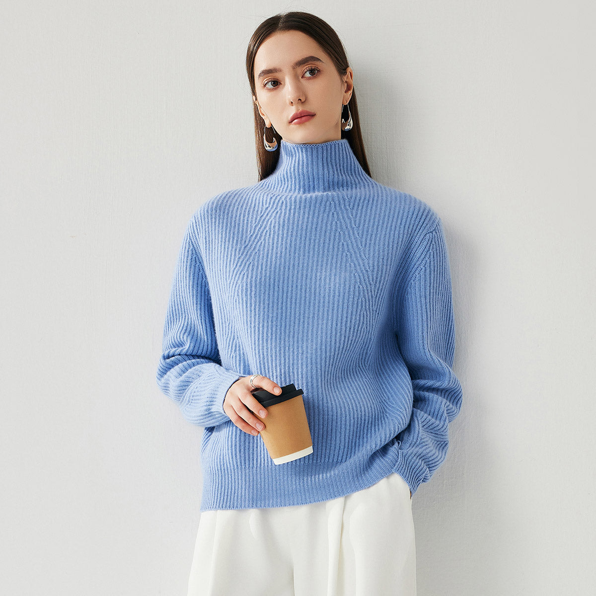 100% Cashmere Womens Turtleneck Ribbed Sweater