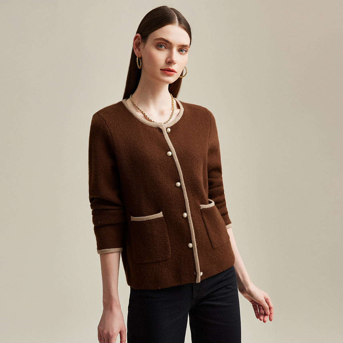 100% Cashmere Two-Tone Buttoned Cardigan