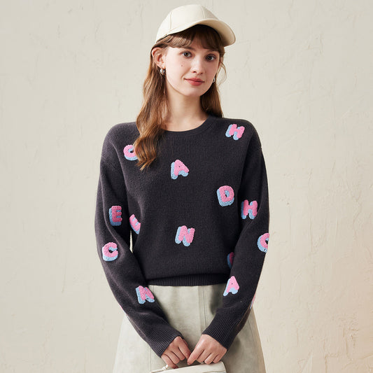 100% Wool Cozy Alphabet Round Neck Sweater