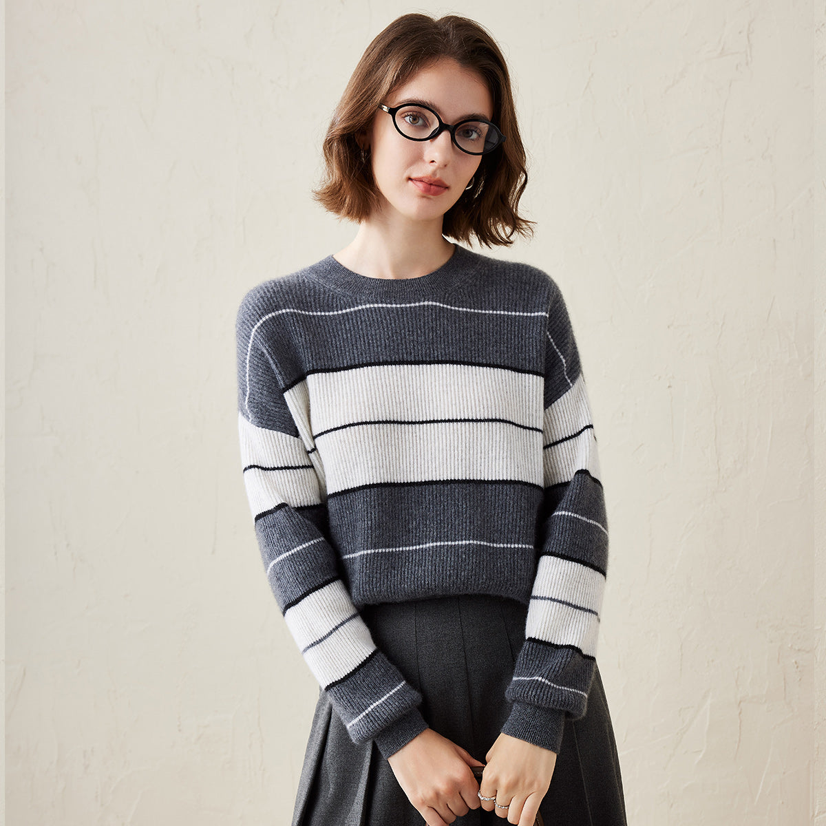 100% Cashmere Casual Striped Crewneck Sweater