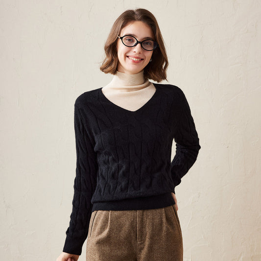 100% Cashmere Cable Knit V-Neck Sweater