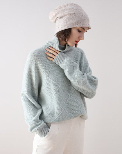 100% Cashmere Cozy Diamond Knit Turtleneck Sweater