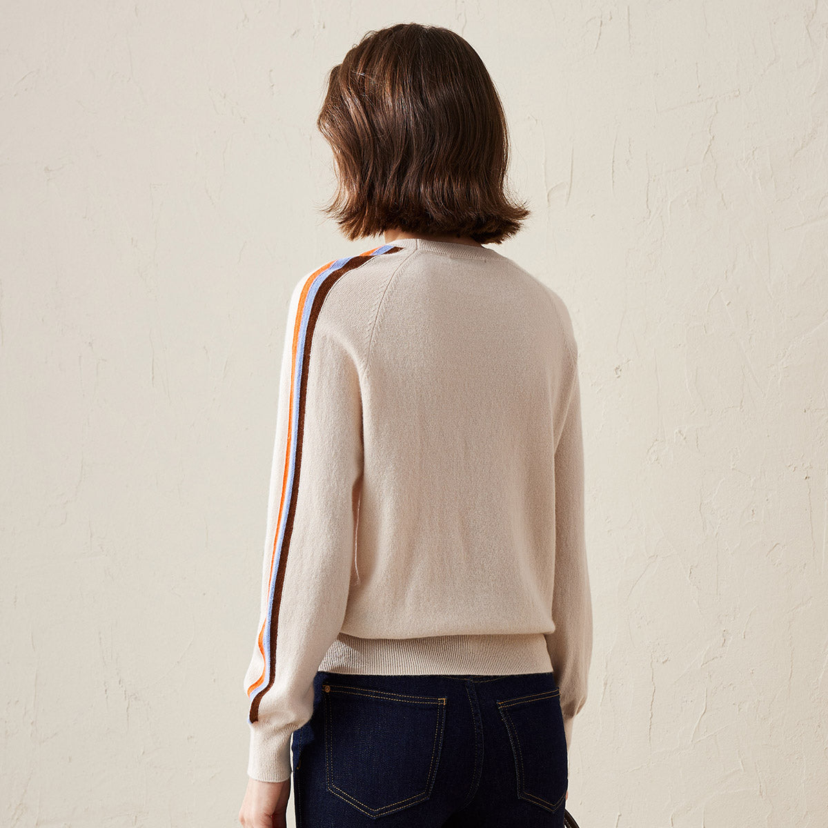 100% Cashmere Knit Sweater with Colorful Side Stripes