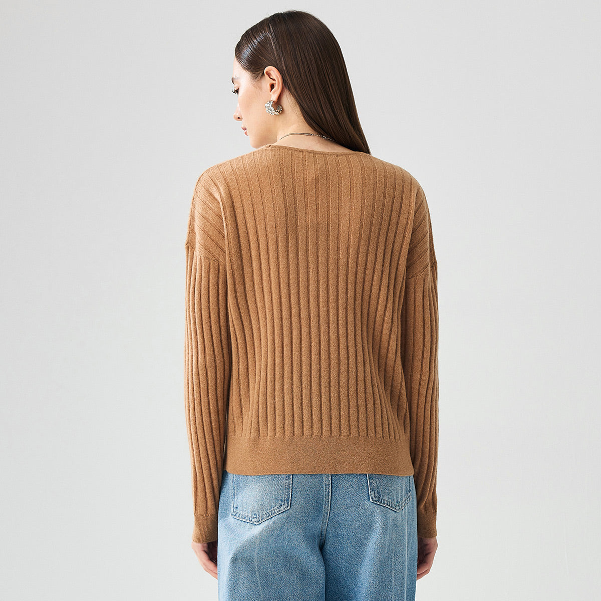 100% Cashmere Womens Cozy Ribbed V-Neck Sweater