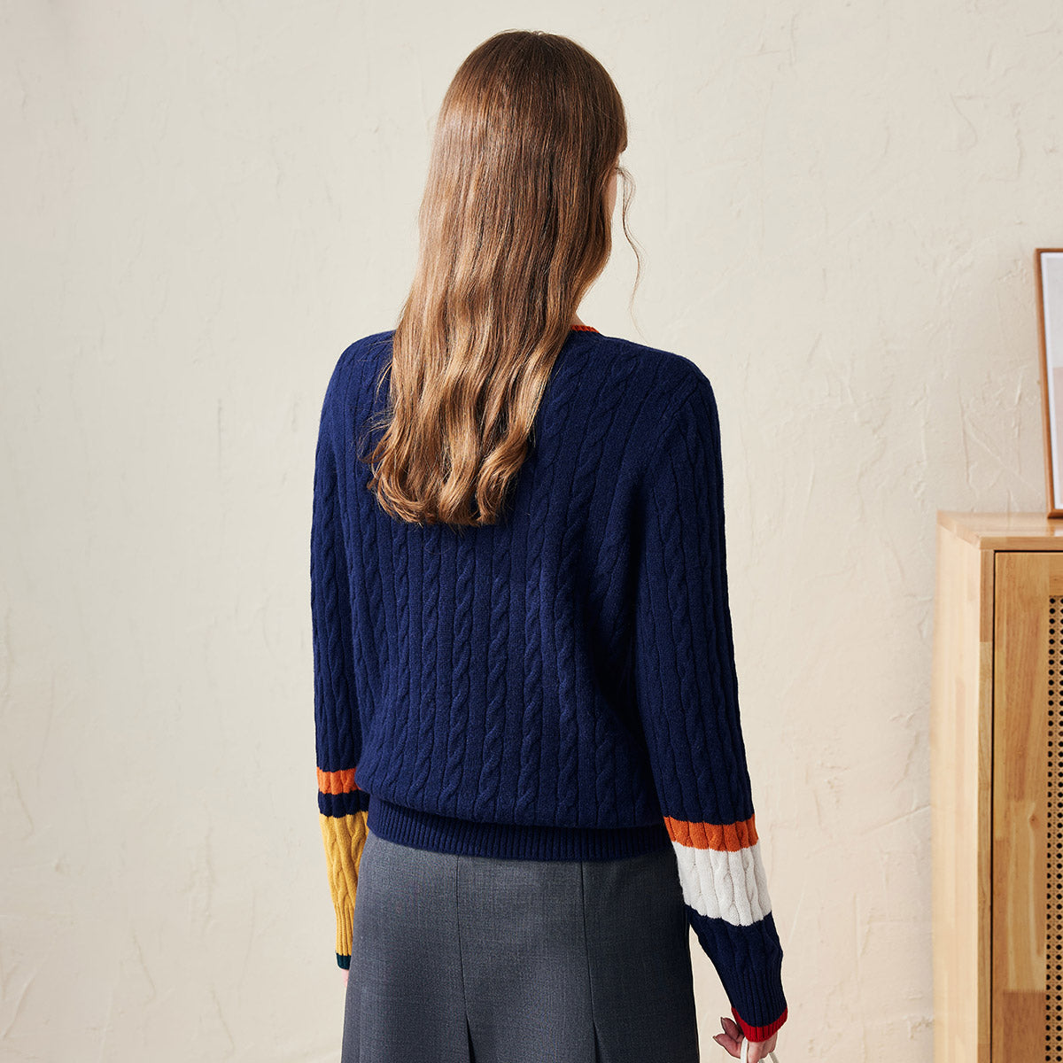 100% Wool Colorblock Cable Knit Sweater