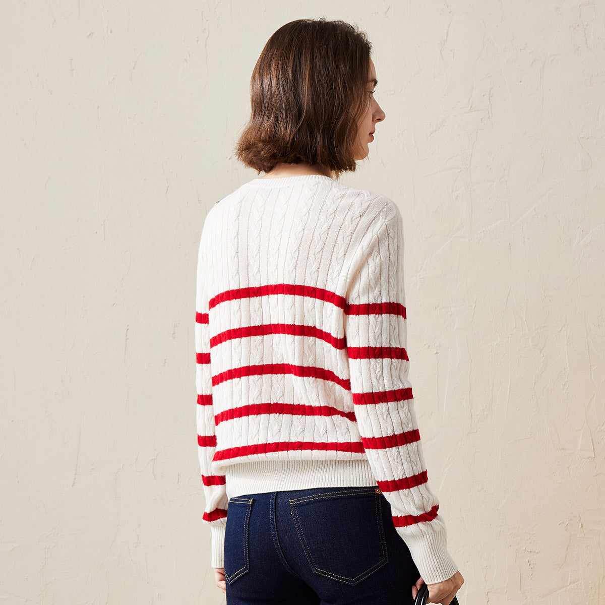 100% Cashmere Cable Knit Striped Sweater with Button Details