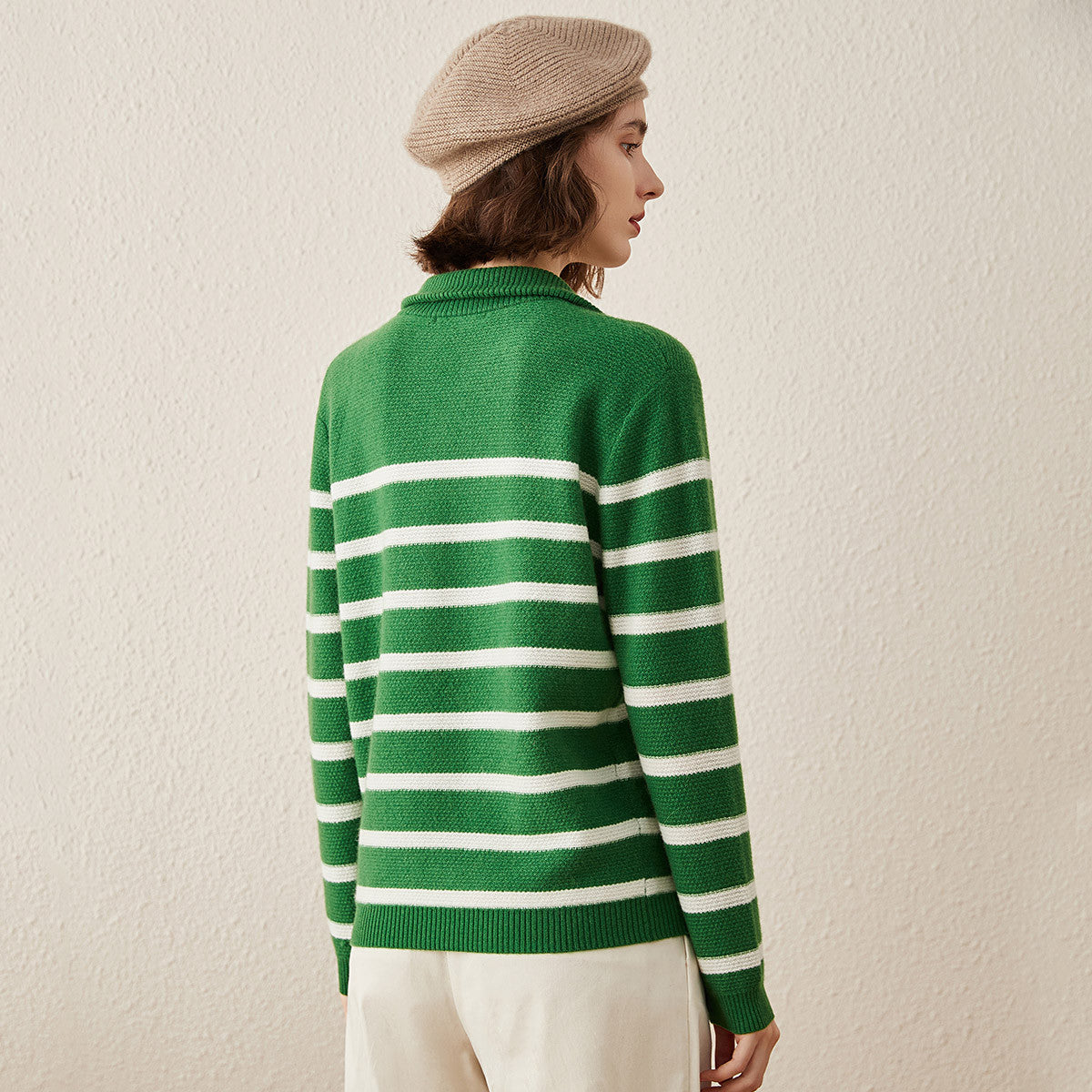 100% Cashmere Striped Lace-up Collar Sweater