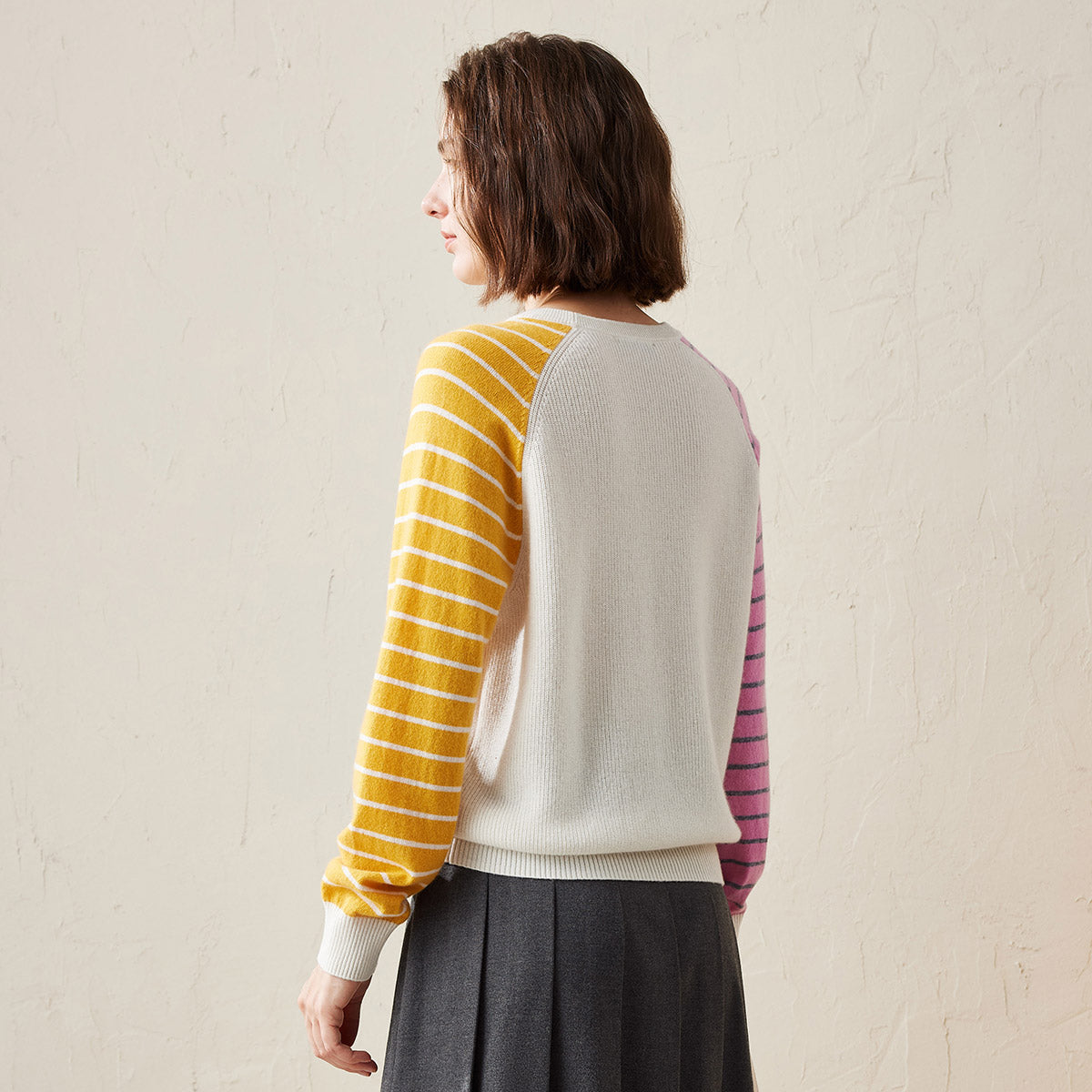 100% Cashmere Color Block Striped Sleeve Sweater