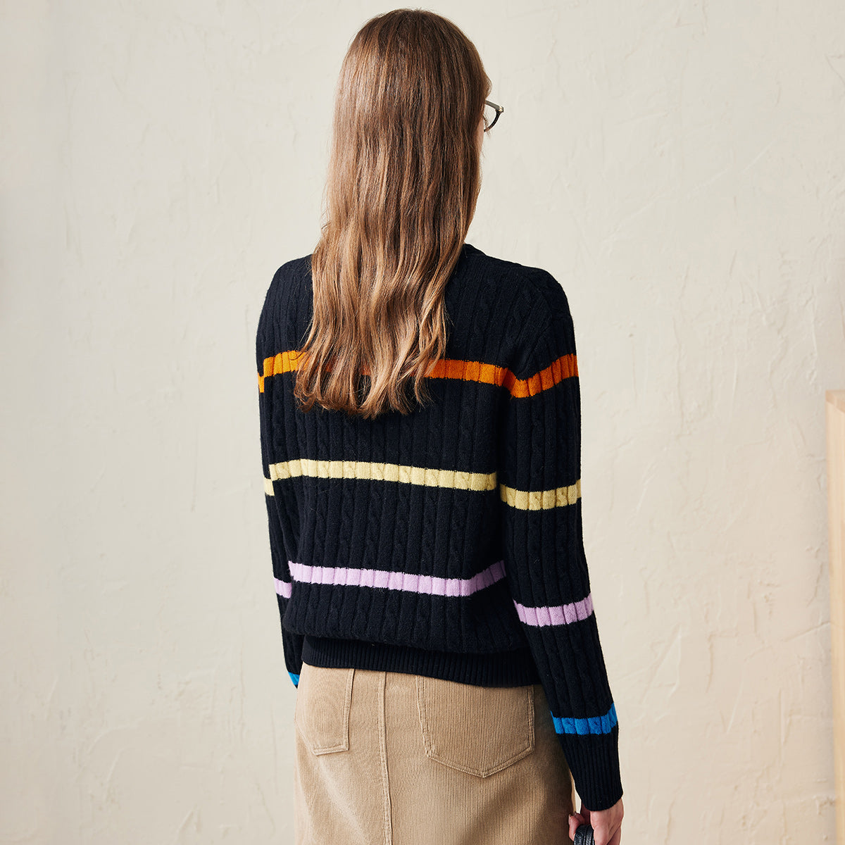 100% Wool Colorful Striped Cable Knit Sweater